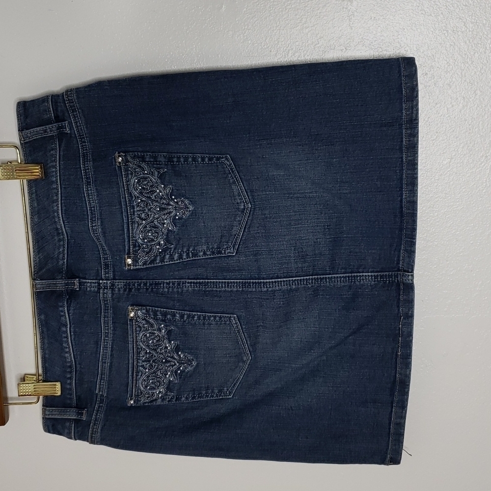 White House Black Market Bling Denim Mini Skirt Classic Crystals Summer Jean - Picture 5 of 9